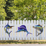 Metal Fish Wall Art Decor, 3-Piece Marlin Tuna Swordfish Set, Blue and Gold Tropical Ocean Theme Outdoor Wall Mother's Day Decor for Patio Garden Yard, Decorative Hanging Sculptures Mother's Day Decoration Gift