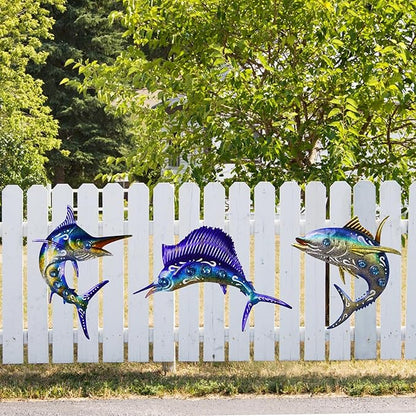 Metal Fish Wall Art Decor, 3-Piece Marlin Tuna Swordfish Set, Blue and Gold Tropical Ocean Theme Outdoor Wall Mother's Day Decor for Patio Garden Yard, Decorative Hanging Sculptures Mother's Day Decoration Gift
