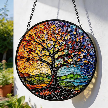 Stained Glass Sun Catcher,Colorful Tree of Life Glass Window Hanging Garden Decor,Sun Catchers Indoor Window,Whimsical Decoration for Home Backyard Patio Lawn Porch with 6.3 INCH