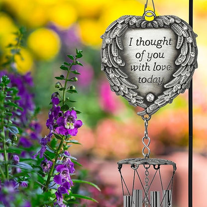 Sympathy Memorial Windchimes - Engraved I Thought of You with Love Today - Angel Wings Wrapped Around a Heart and Teardrop Charm - in Loving Memory Chimes - 15" L - 2 Pack