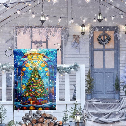 Stained Glass Christmas Tree Garden Flag Merry Xmas House Flags 28x40 Double Sided Welcome New Year Outdoor Flag Happy Holidays Flag Large Winter Yard Flag for Outside Lawn Decor