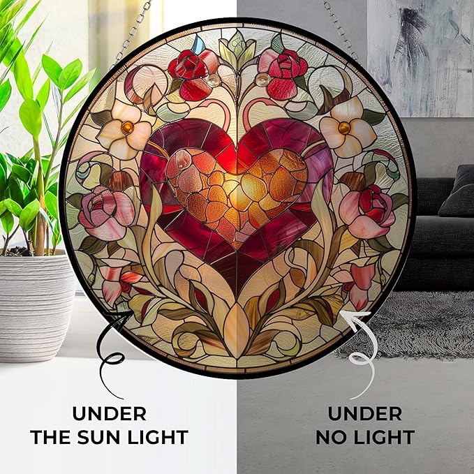 Valentine Heart Stained Glass Suncatcher 4 Season Colorful Window Wall Ornament Hand-Painted Glass Panel Decor Gift for Women Christmas Thanksgiving Gift 6.3"