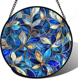 Stained Glass Window Hanging - Blue Gold Abstract Flowers Suncatcher for Door Terrace Garden Home Decor, Plant Sun Catcher Birthday Gifts for Lovers Women Men Dad Mom Nana 9.8 in