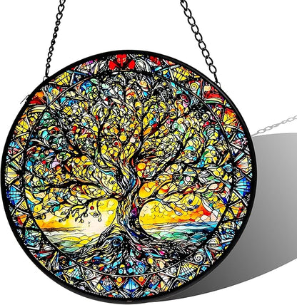 Stained Glass Sun Catcher,Tree of Life Glass Window Hanging Garden Decor,Sun Catchers Indoor Window,Whimsical Decoration for Home Backyard Patio Lawn Porch with 6.3 INCH