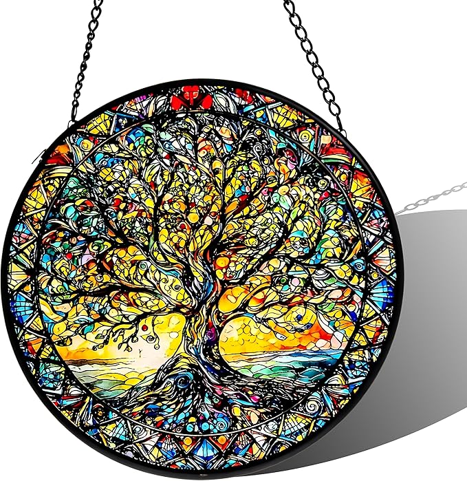Stained Glass Sun Catcher,Tree of Life Glass Window Hanging Garden Decor,Sun Catchers Indoor Window,Whimsical Decoration for Home Backyard Patio Lawn Porch with 9.8 INCH
