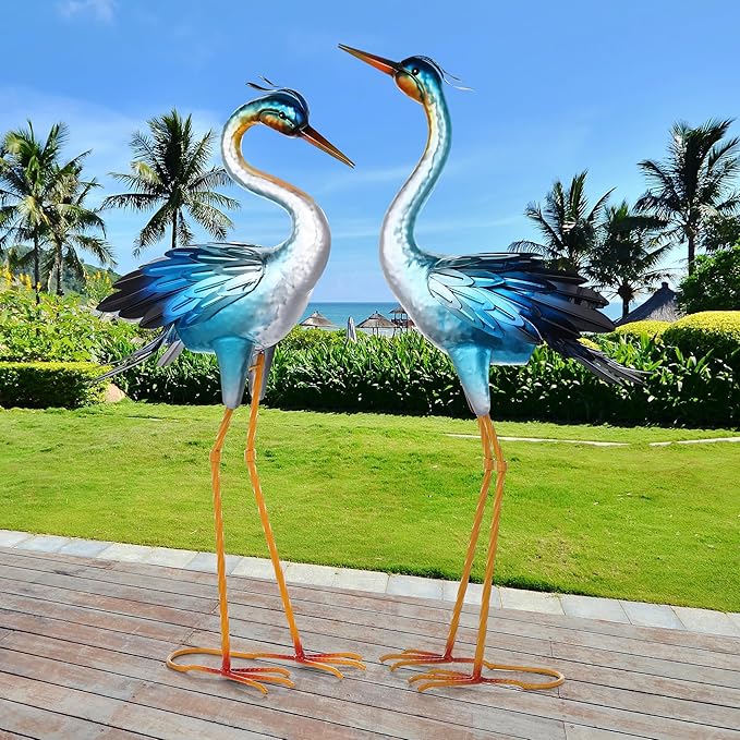 Shorayn Metal Crane Garden Statue, Garden Sculptures & Statues, Crane Ornaments Yard Art for Backyard Patio Lawn Decorations (Blue)