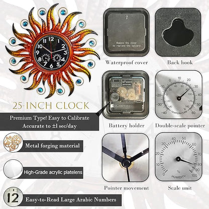 COOZZUHOUR 25 Inch Metal Sun Outdoor Shaped-Clock with Thermometer and Hygrometer Combo, Battery-Powered 10-inch Waterproof Dial and Silent Quartz Movement for Home Decorative Gifts(Orange)