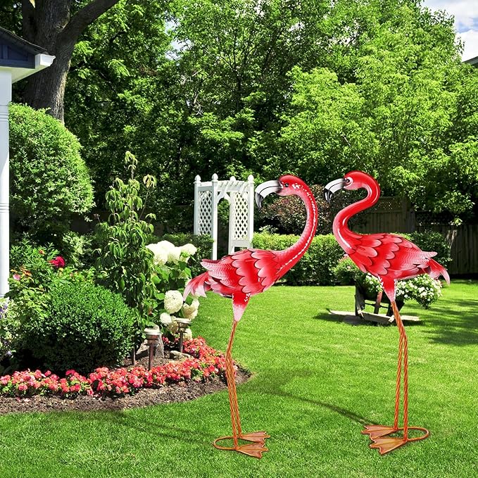 Gisafai 2 Pack 32.7 Inch Metal Flamingos Garden Statues Large Pink Flamingos Yard Outdoor Decor for Garden Home Porch Pond Patio Backyard Ornaments