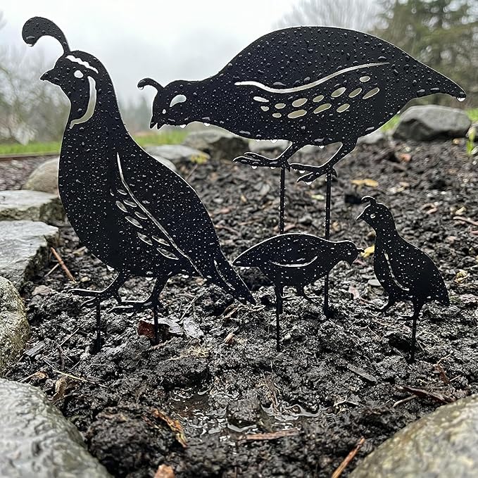 NUOBESTY 4Pcs Quail Family Garden Stakes, Metal Bird Yard Decor Decorative Garden Art Sculptures Statues for Outdoor Lawn Ornament & Patio Backyard, Bird Lover Favors for Women Mom Grandma