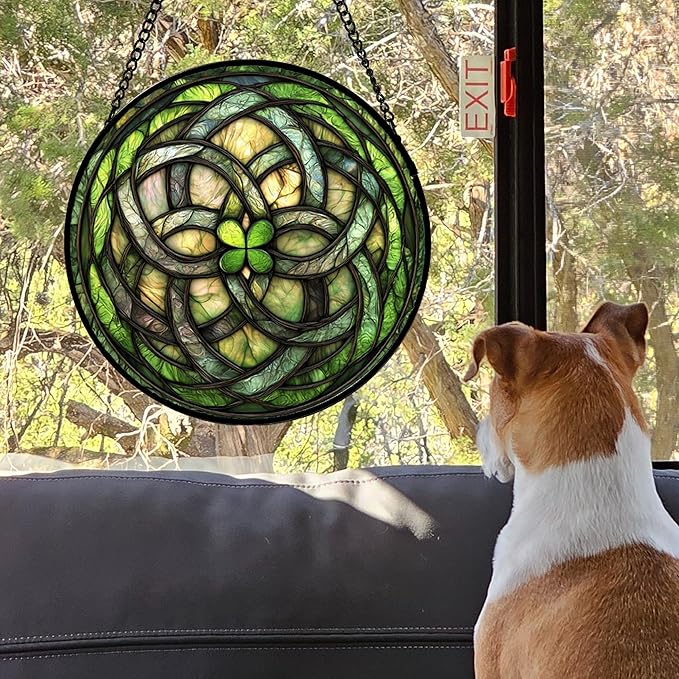 DASTOLL Stained Glass Window Hanging, Abstract Green Clover Sun Catchers Colorful Glass Panel Bless Suncatcher Decor for Birthday for Women, Men, Wife, Aunt, and Mom 14.9x14.9 in