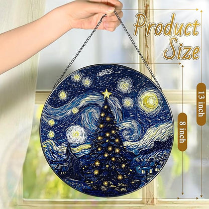8-Inch Starry Night Christmas Tree Suncatcher Ornament, Stained Glass Window Hanging & Stained Glass Holiday Ornament, Sun Catcher Window Decor, Van Gogh’s Keepsake, Gifts for Christmas & Holidays
