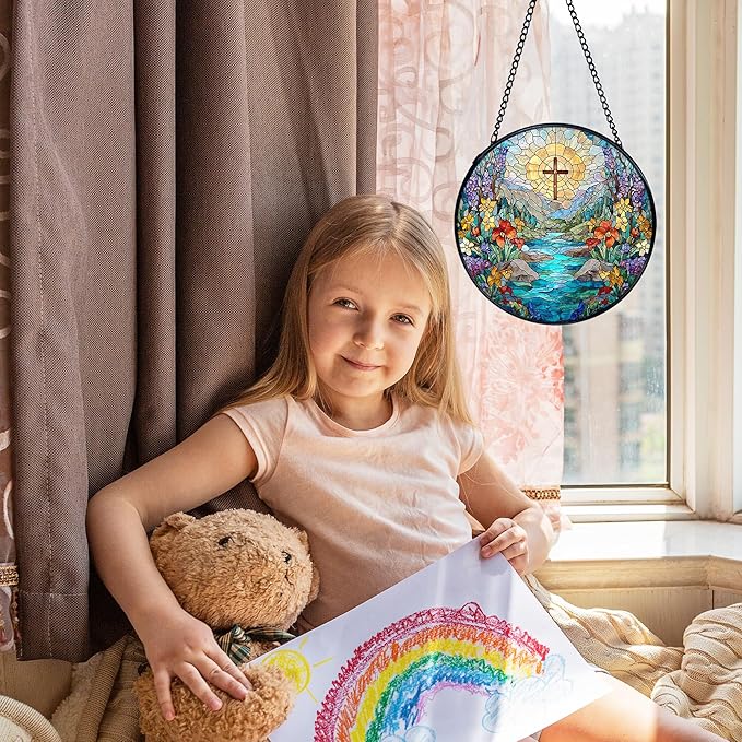Christian Cross Flower Suncatcher Stained Glass Window Hanging, Cross Wildflower Sun Catchers Indoor Window Glass Wall Art Decor, Religious Wall Hanging Decor Decorations, 7.9x7.9 Inch