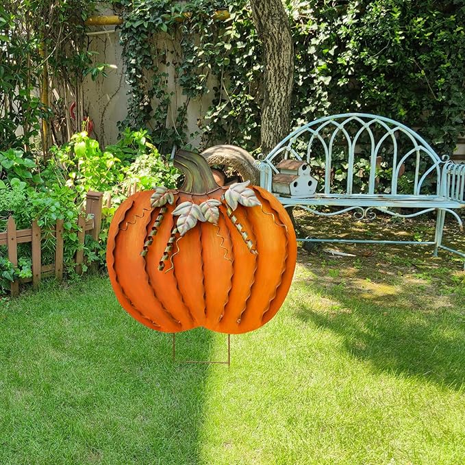 Morning View Pumpkin Garden Stakes Metal Yard Sign Fall Decor Outdoor Autumn Yard Stake Art Pumpkin Lawn Ornaments for Patio Porch Thanksgiving Halloween Harvest 26 Inches Tall