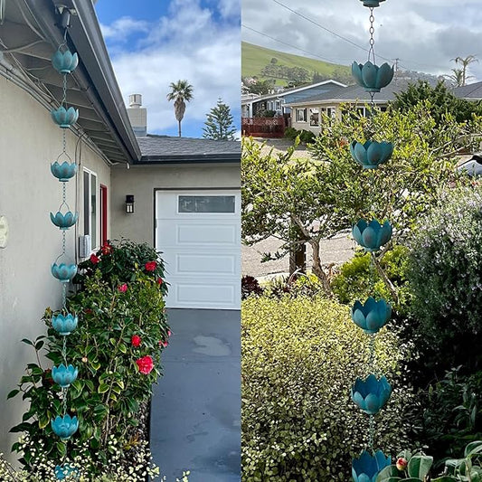Topadorn 8.5 FT Rain Chain Iron Gutter Chains with 12 Rain Collector Thick Iron Flower Cups Garden Decoration,Lake Blue