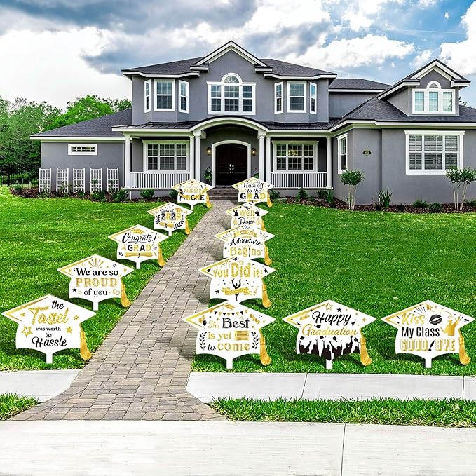 Chunful 12 Pack Graduation Yard Signs Grad Decoration 2026 Happy Graduate Lawn Garden Sign with Stake Congrats Outdoor Plastic Cap Hanging Ornament for Class Pathway Walkway Porch Party(White Gold)