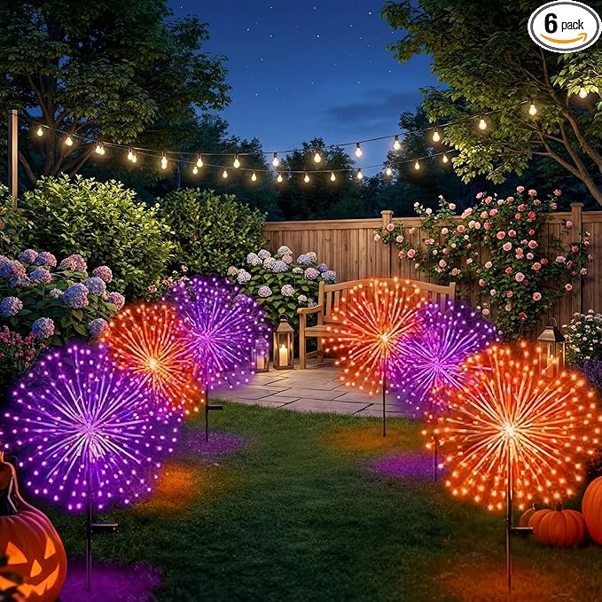 Tujoe 6 Pcs Easter Solar Firework Stake Lights 180 LED 8 Modes Solar Waterproof LED Sparkler Lights Outdoor Decoration for Christmas Holiday Garden Patio Yard Pathway Walkway, Orange, Purple