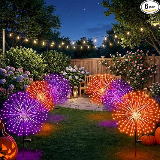 Tujoe 6 Pcs Easter Solar Firework Stake Lights 180 LED 8 Modes Solar Waterproof LED Sparkler Lights Outdoor Decoration for Christmas Holiday Garden Patio Yard Pathway Walkway, Orange, Purple