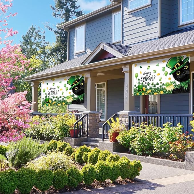 SENSEVEN St Patricks Day Black Cat Flags for Outside 3x5 Ft, Spring Shamrock Green Flag, Clover Spring Yard Flag Kitten Holiday Outdoor Banner for Farmhouse Decor, St Patrick's Day Party Supplies