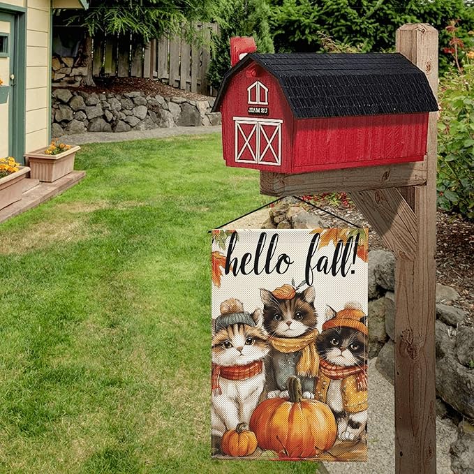 Fall Cat Garden Flag Seasonal Double Sided 12 x 18 Inch Small Yard Flag for Indoor Outdoor Decor Holiday All Seasons