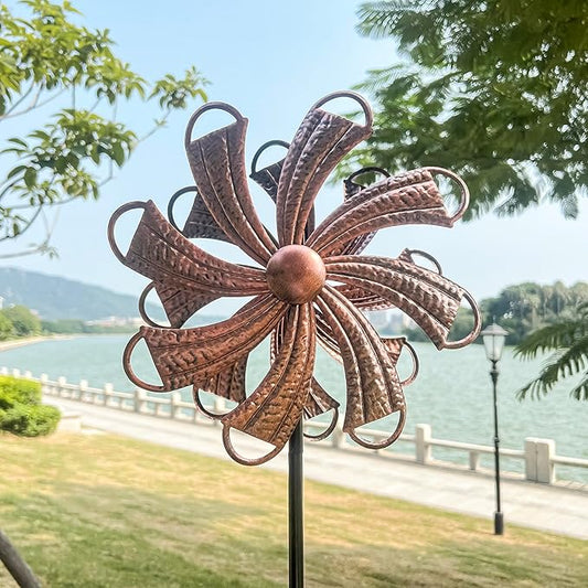 54” Metal Wind Spinner Outdoor Decor, Double Layer 360° Rotating Kinetic Sculpture, Rustproof Weather-Resistant Yard Art for Patio Lawn, Wind Spinners for Yard and Garden (Copper)