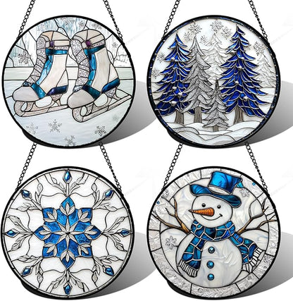 DASTOLL Stained Glass Window Hanging 4 Pcs Set White Winter Christmas Snow Scene 9.8" - Suncatcher Door Garden Sun Catcher Decor Birthday for Mom Woman Nana Men Friend Wife