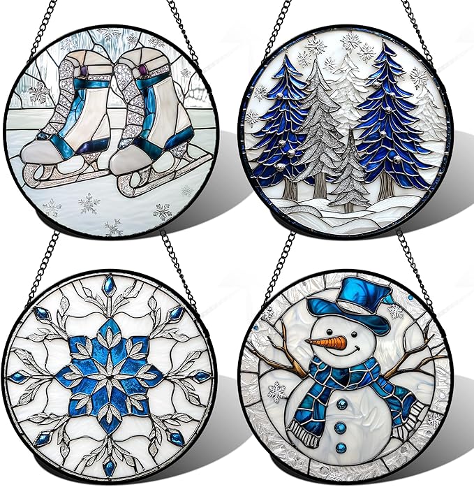 DASTOLL Stained Glass Window Hanging 4 Pcs Set White Winter Christmas Snow Scene 7.8" - Suncatcher Door Garden Sun Catcher Decor Birthday for Mom Woman Nana Men Friend Wife