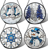 DASTOLL Stained Glass Window Hanging 4 Pcs Set White Winter Christmas Snow Scene Large 15" - Suncatcher Door Garden Sun Catcher Decor Birthday for Mom Woman Nana Men Friend Wife