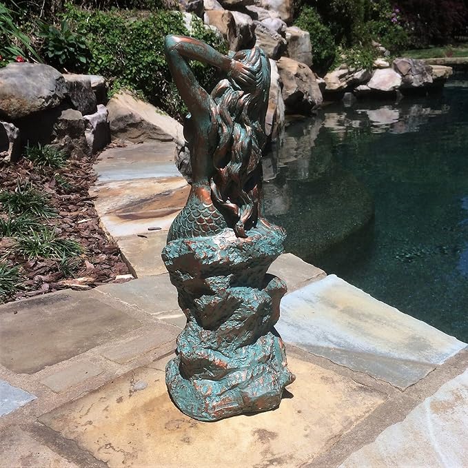homestyles 16 in. Large Sexy Mermaid Sitting on Coastal Rock Beach Nautical Garden Statue in Bronze Patina Pool Patio Lawn Statue