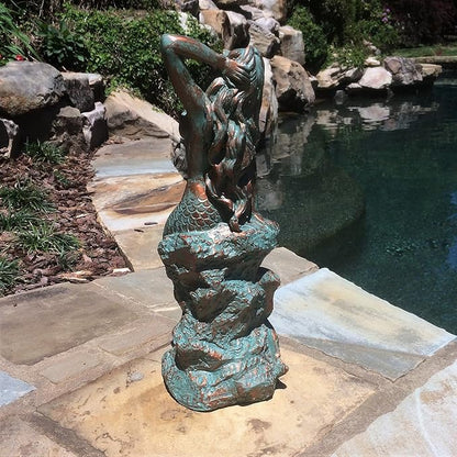homestyles 16 in. Large Sexy Mermaid Sitting on Coastal Rock Beach Nautical Garden Statue in Bronze Patina Pool Patio Lawn Statue