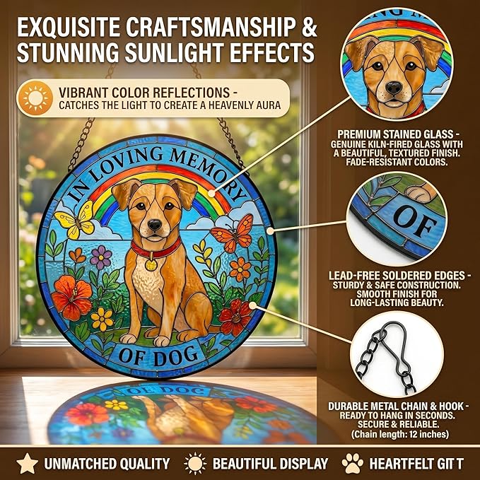 Dog Stained Glass Suncatcher - Double-Sided Light Transmission Stained Glass Window Hanging for Pet Loss Gift, Diamond Glass Sun Catchers Indoor Window Decor