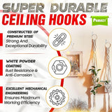 [UPGRADED] 2Pcs 200LBS Rotatable Ceiling Hooks with 4 Screw Points Base, Wall Mount Metal Hanger White Ceiling Hook for Hanging Plant, Bird Feeder, Lights, Bed Canopy, Wind Chime, Indoor Outdoor Decor