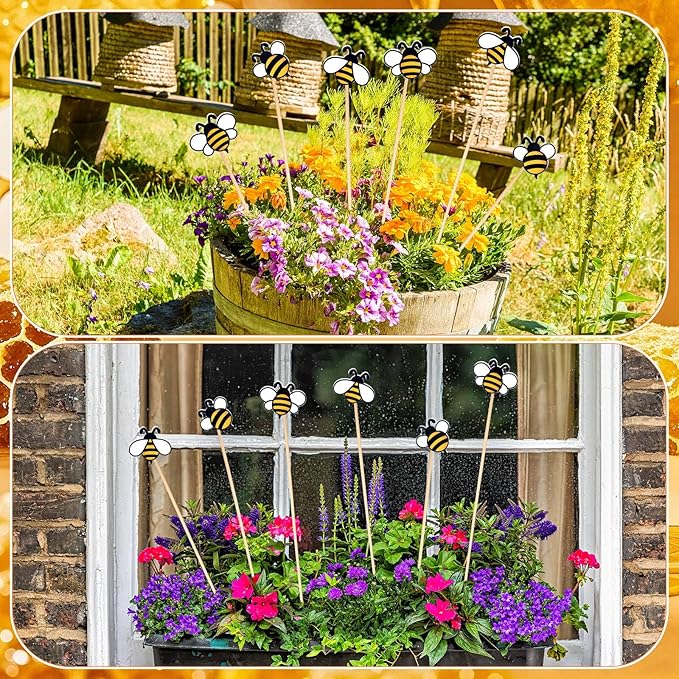 6 Pcs Bee Garden Stakes Yard Decor Wood Bee Yard Art Stakes Decorative Spring Vivid Plant Stick for Indoor Outdoor Plant Lawn Path Terrace Flower Pots Festival Party