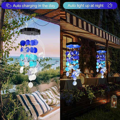 Solar Shell Gift for Mom Grandma Girls, White & Blue Christmas Solar Wind Chimes for Outside, Outdoor Decorative Mobile Lights for Garden, Yard, Patio, Window, Party, Outdoor Decorations