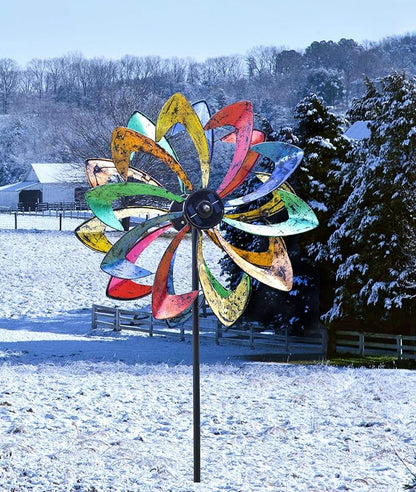 Plow & Hearth Solar Lighted 18 LEDs Flower Metal Wind Spinner | Antique | Bi-Direction Rotors | Dual-Motion | Over 6ft Tall | Easy Assembly