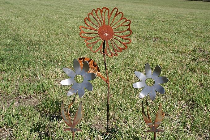 Metal Rustic and Colorful Flower Stakes Ranging from 9.5 to 36 Inches Tall (Daisy + 2 Twisted Daisy Stake Set, Naturally Rusted)