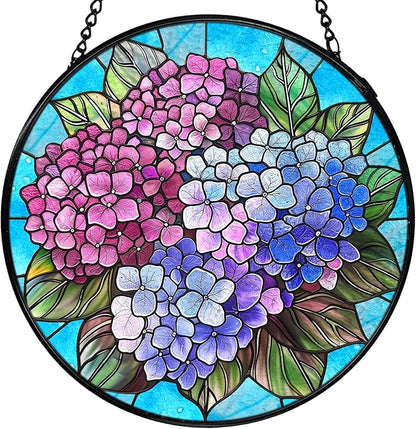 Hydrangea Flower Stained Glass Window Hanging, Cottagecore Hydrangea Floral Sun Catchers Indoor Window Round Glass Wall Art Decor, Flower Suncatcher Wall Hanging Gardening & Lawn Care