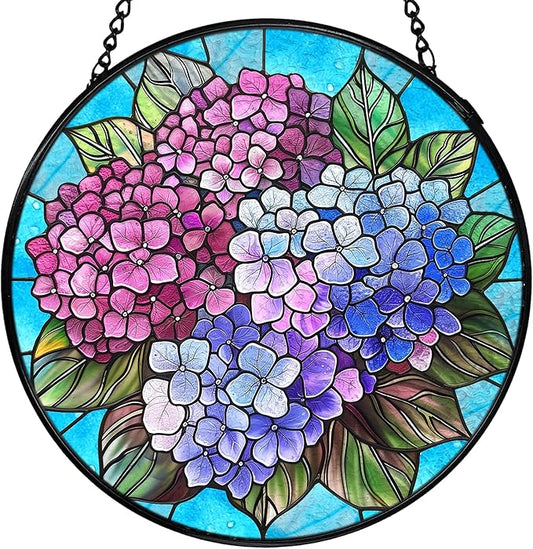 Hydrangea Flower Stained Glass Window Hanging, Cottagecore Hydrangea Floral Sun Catchers Indoor Window Round Glass Wall Art Decor, Flower Suncatcher Wall Hanging Gardening & Lawn Care