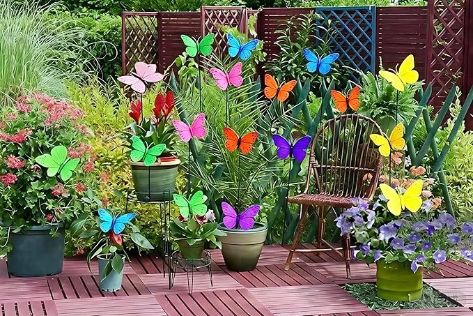 VininMayii，24PCS（6 Colours X 4） Butterfly Garden Stakes，Waterproof Outdoor Yard Art，Vibrant Realistic Plant Picks for Flower Beds，Planters and Patio，Fluttering Whimsical Decor for Spring and Memorials