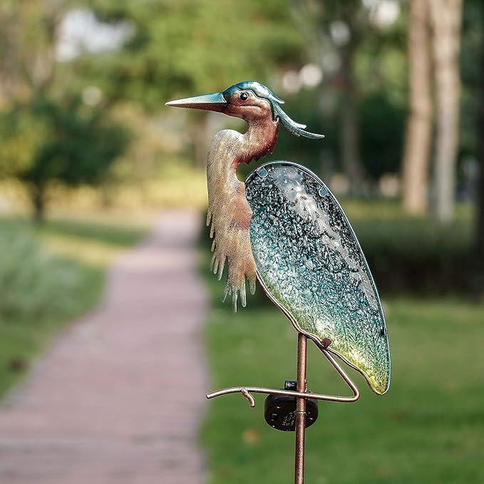 TERESA'S COLLECTIONS Flower and Heron Garden Decor with Solar Lights, Solar Powered Metal Stakes for Outdoor Patio Yard Lawn Decorations