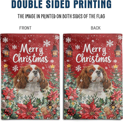 Christmas Cavalier King Charles Spaniel Garden Flag Merry Christmas Dog Yard Flag for Outside Xmas Flags 12x18 Double Sided Red Poinsettia Garden Flags Winter Porch Decorations Outdoor
