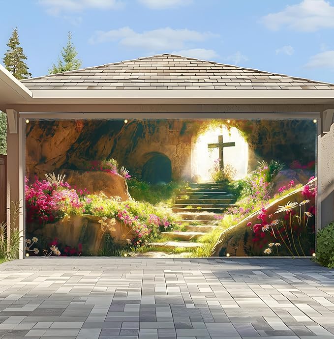 Easter Garage Door Banner 157.5x70.9in Large Spring Garage Door Cover Outdoor Holiday Decorations for House Exterior Yard Decor with Grommets and Rope