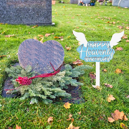 AceOrbit 13.8 X 7.9 Inches Large Happy Birthday in Heaven Decorations Cemetery Decorations for Grave Metal Memorial Remembrance Stake, Grave Markers for Human Cemetery Garden Yard Site Outdoor(Blue)