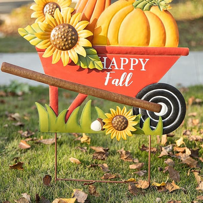 Glitzhome 30" H Fall Metal Wheel Barrow Pumpkin Yard Stake/Hanging Wall Decor,Pumpkin Wagon Cart with Happy Fall Signs,Fall Harvest Porch Decorations for Thanksgiving Autumn Halloween Party Supplies