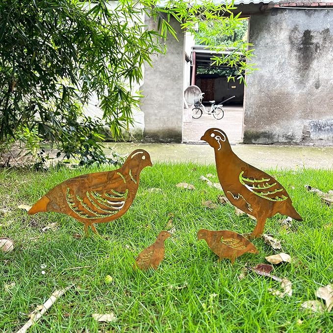4PCS Rusty Partridge Family Decorative Garden Stakes, Metal Birds Yard Decor, Bird Lover Gifts for Women Mom Grandma Wife, Metal Birds Statues Garden Sculptures and Yard Art, Patio, Lawn Ornaments