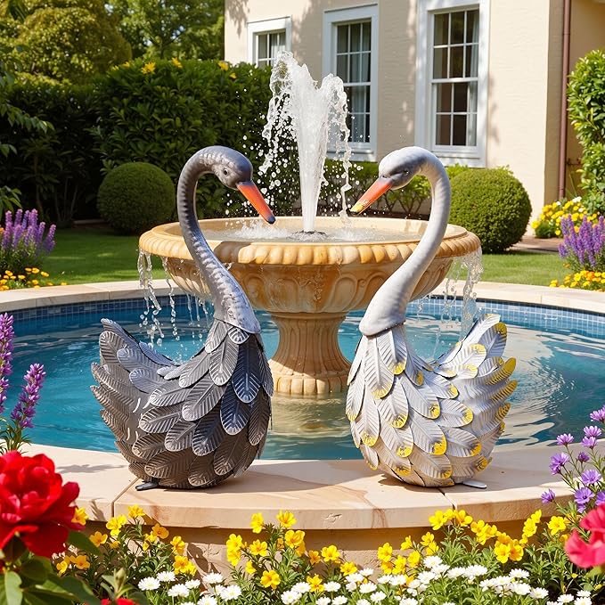 19" Large Swan Statue Set of 2, Handcrafted Lifelike Swan Sculptures Decor with Secure Stakes, Weatherproof Metal Yard Art for Outdoor Indoor Decor, Ideal for Weddings & Valentine’s Day