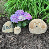 Boulder Dog Family – Set of 3 Hand-Carved Granite Garden Statues – Natural Stone Animal Décor – 4", 6", and 8", Eco-Friendly Outdoor Gift