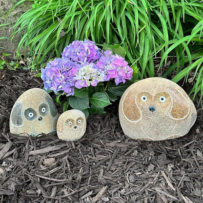 Boulder Dog Family – Set of 3 Hand-Carved Granite Garden Statues – Natural Stone Animal Décor – 4", 6", and 8", Eco-Friendly Outdoor Gift