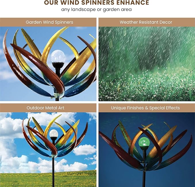 Bits and Pieces Tulip Wind Spinners Outdoor Solar Lighted Metal Wind Spinner, Large Kinetic Garden Sculptures, Crackle Glass Light, Multi-Colored Garden Decor