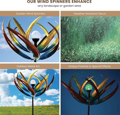 Bits and Pieces Tulip Wind Spinners Outdoor Solar Lighted Metal Wind Spinner, Large Kinetic Garden Sculptures, Crackle Glass Light, Multi-Colored Garden Decor