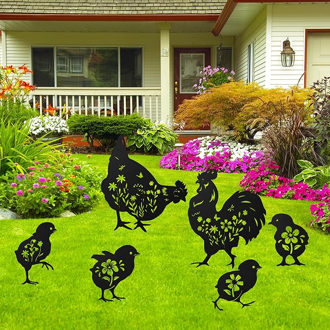 Romart Chicken Silhouette Garden Stakes Decorations - 6 Pcs Metal Chicken Animals Statues, Black Rustic Animal Sculpture Set, Yard Art for Outdoor Garden & Patio Lawn